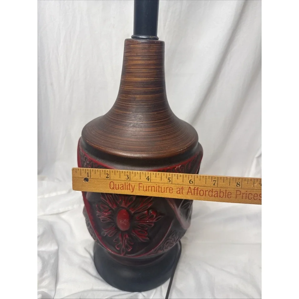 Vintage MCM Brutalist Ceramic Table Lamp Red Floral Medallion Wood Grain 60's